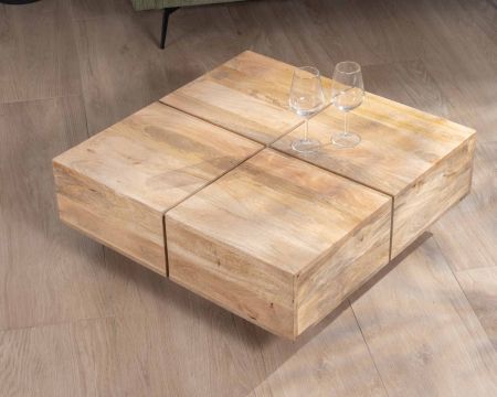 Tavolino quadrato "Pablo" in legno massiccio naturale, stile contemporaneo