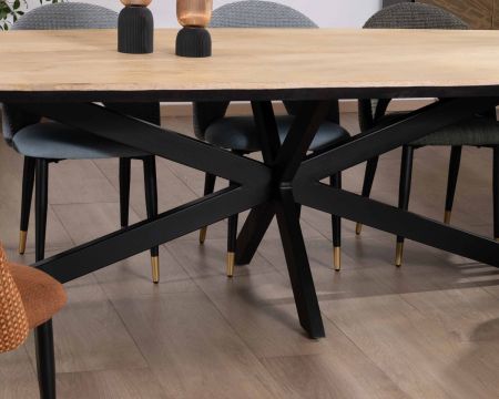 Tavolo rettangolare in mango massiccio da 200 cm con bordi smussati neri e gambe in metallo 3D "Pisa"