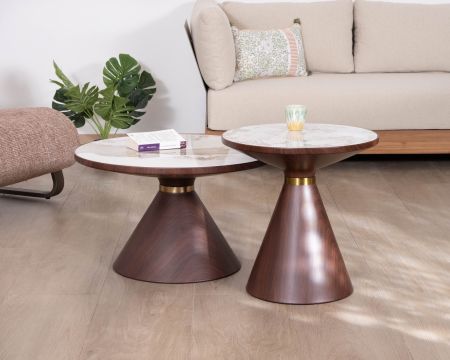 Set di 2 tavolini rotondi in stile retrò con piano in ceramica bianca effetto marmo “Cyléa” e base effetto noce