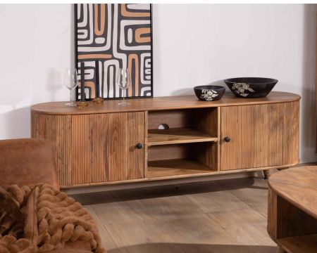 Porta TV in acacia massiccia vintage dal design arrotondato "Boomer", grande 175 cm, con 2 ante e 2 nicchie