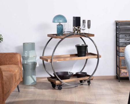 Credenza a 3 livelli "Benck" in acacia e metallo nero antico