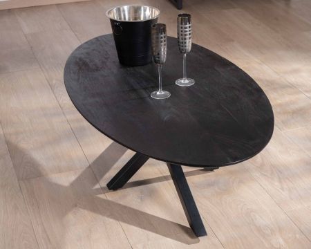 Tavolino nero "Pisa" con piano a ellisse in mango massiccio sabbiato e gambe in metallo 3D