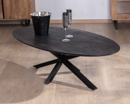 Tavolino nero "Pisa" con piano a ellisse in mango massiccio sabbiato e gambe in metallo 3D