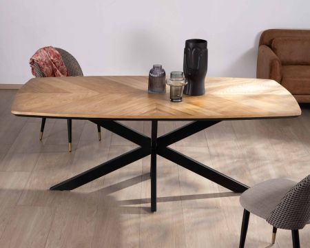 Tavolo da pranzo "Toledo" da 200 cm a forma di barca impiallacciato in rovere con finitura smussata nera