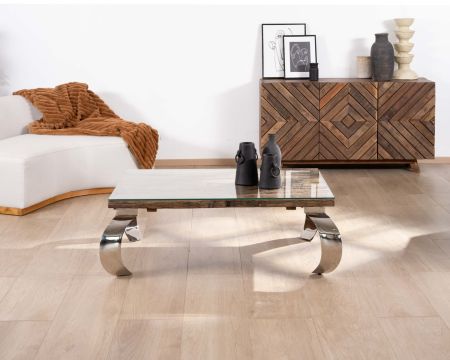Tavolino rettangolare in legno rustico di recupero, piano in vetro e gambe in metallo lucido "Timber"