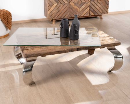 Tavolino rettangolare in legno rustico di recupero, piano in vetro e gambe in metallo lucido "Timber"