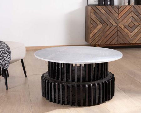 Tavolino rotondo in legno riciclato con piano in pietra "nepalese" chiara