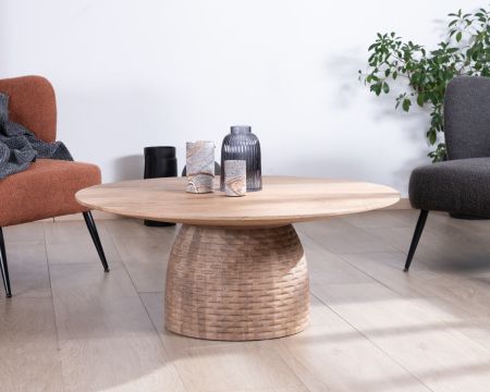 Tavolino in legno di mango con finitura sabbiata piano rotondo da 100 cm e gamba a cupola "Koktel"