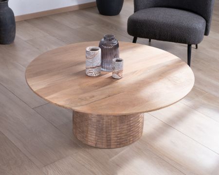 Tavolino in legno di mango con finitura sabbiata piano rotondo da 100 cm e gamba a cupola "Koktel"