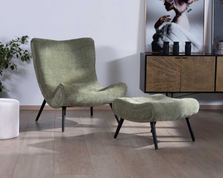 Poltrona avvolgente "Caspe" con pouf in velluto verde