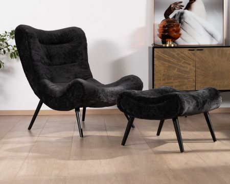 Poltrona in tessuto nero "Caspe" con poggiapiedi