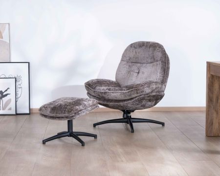 Poltrona comfort in stile retrò grigio cenere con poggiapiedi "Branson" girevole a 360°