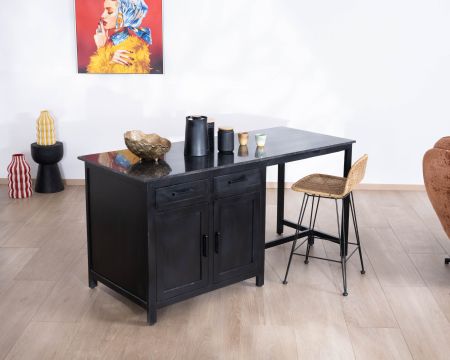 Isola cucina nera con zona pranzo "Grand Chef" in legno di mango e granito