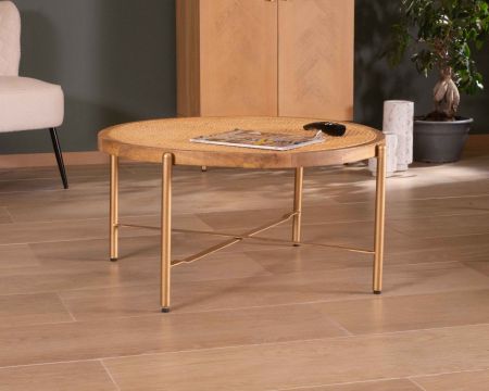 Tavolino rotondo "Pop Vintage" con piano in canna e gambe dorate
