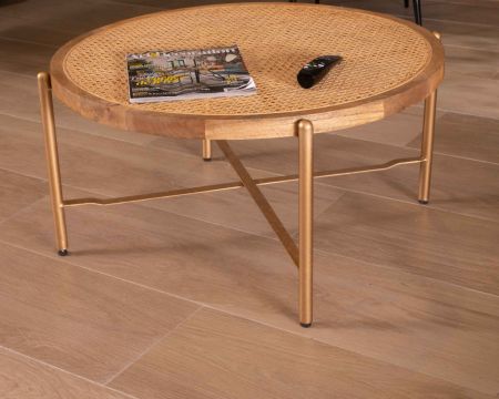 Tavolino rotondo "Pop Vintage" con piano in canna e gambe dorate