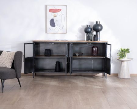 Credenza industriale in vetro "Dowtoun" in metallo e legno esotico, 180 cm