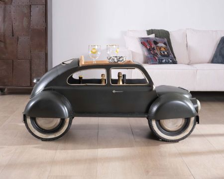 Tavolino vintage "Crazy" con auto verde scuro e piano in legno