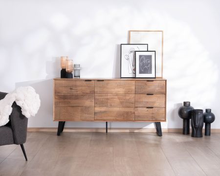 Contenitore basso con cassetti "Uky" da 160 cm, design contemporaneo dal sapore retrò