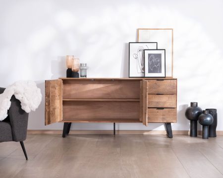 Contenitore basso con cassetti "Uky" da 160 cm, design contemporaneo dal sapore retrò