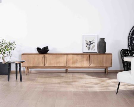 Grande mobile TV contemporaneo a 4 ante in legno di mango da 240 cm "Cabure