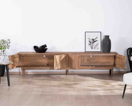 Grande mobile TV contemporaneo a 4 ante in legno di mango da 240 cm "Cabure