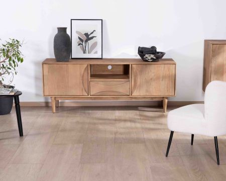 Mobile TV contemporaneo in legno di mango con maniglie integrate e design "Cabure" 160 cm