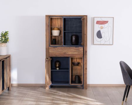 Mobile in argento con illuminazione interna e ripiani in vetro "Enoa" in palissandro e acacia