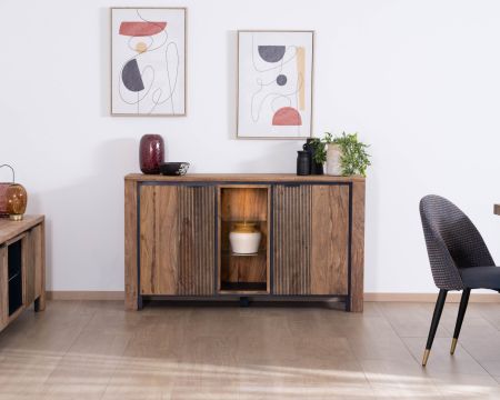 Credenza "Enoa" in palissandro e acacia con ripiani in vetro