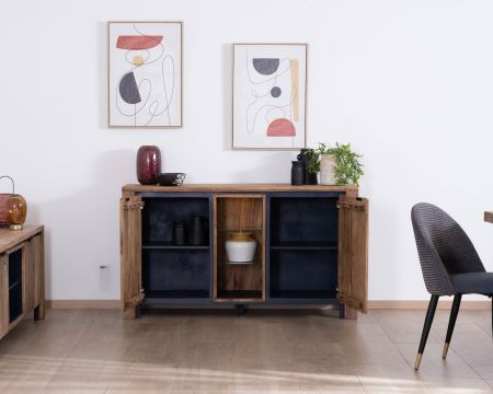 Credenza "Enoa" in palissandro e acacia con ripiani in vetro