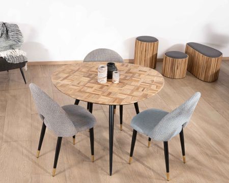 Tavolino a 3 gambe in metallo con piano intarsiato in teak "Foster" 110 cm
