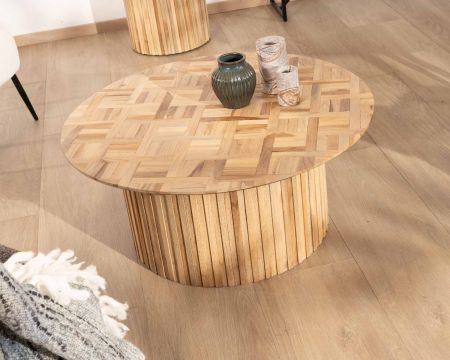 Tavolino rotondo diametro 90 cm con gamba centrale e piano intarsiato in teak di recupero "Foster"
