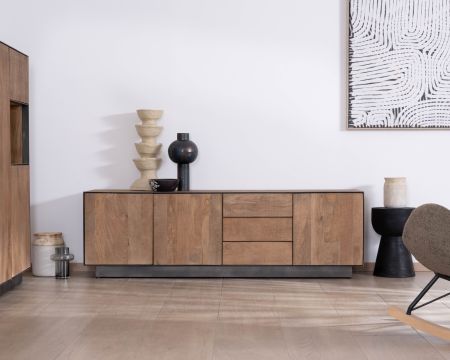 Panca TV "Santo" grande 180 cm in legno di mango con ante e cassetti