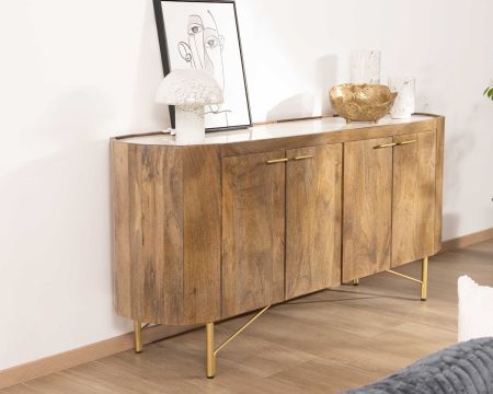 Credenza arrotondata "Bruges" con piano in terrazzo bianco e gambe in metallo dorato