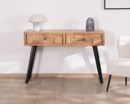 Consolle a 2 cassetti in acacia "Puzzle" con gambe in metallo nero, design arioso