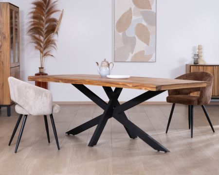 Tavolo da pranzo contemporaneo in legno massiccio "Olonie", 200 cm, gambe incrociate in metallo