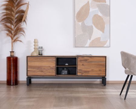 Mobile TV bicolore contemporaneo "Olonie" da 175 cm in teak naturale e metallo