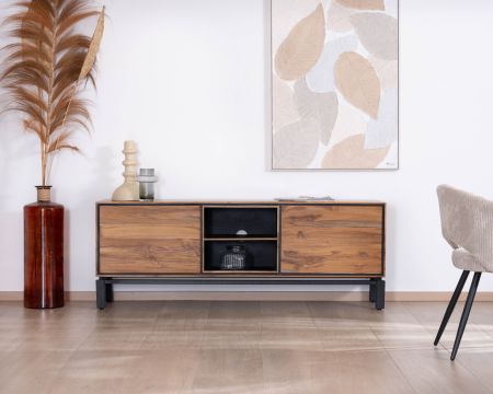 Mobile TV bicolore contemporaneo "Olonie" da 175 cm in teak naturale e metallo