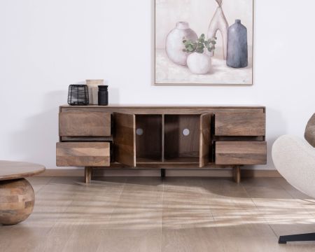 Porta TV Japandi "Geta" da 160 cm in legno massiccio di mango, design ordinato