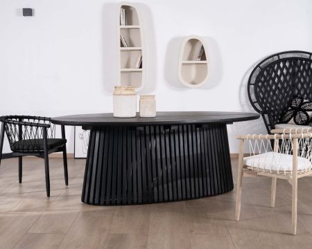Tavolo da pranzo ovale "Dutipi" da 210 cm in teak nero con gamba centrale traforata