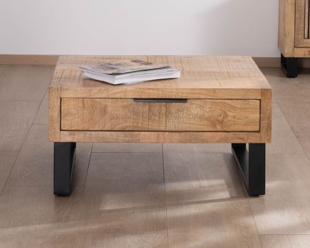 Tavolino quadrato in mango "Manoha" da 80 cm con gambe in metallo e ampio cassetto