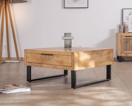 Tavolino quadrato in mango "Manoha" da 80 cm con gambe in metallo e ampio cassetto
