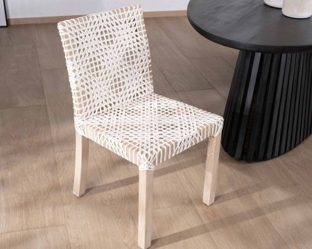Set di 2 sedie da pranzo "Mambow" in teak e pelle intrecciata bianca