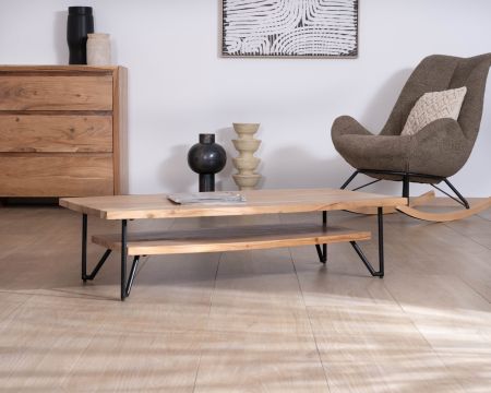 Tavolino doppio in acacia massiccia "Zen Black" con piano a forma di barca