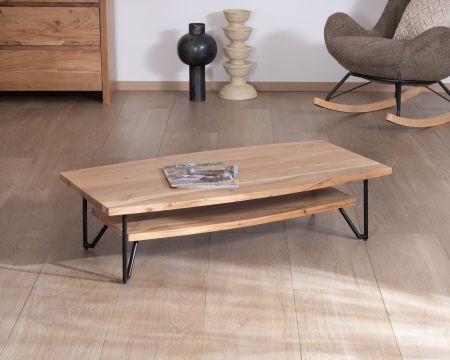 Tavolino doppio in acacia massiccia "Zen Black" con piano a forma di barca