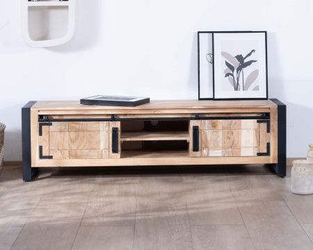 Porta TV industriale 180 cm in legno e metallo 2 porte 2 nicchie "Montreal