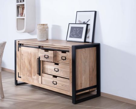 Credenza bassa industriale "Montreal" in legno di acacia naturale e metallo