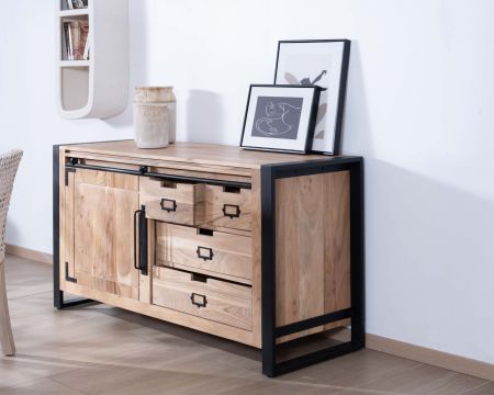 Credenza bassa industriale "Montreal" in legno di acacia naturale e metallo