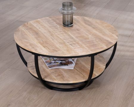 Tavolino rotondo "Loopie" con doppio piano in legno massiccio di mango e struttura in metallo nero