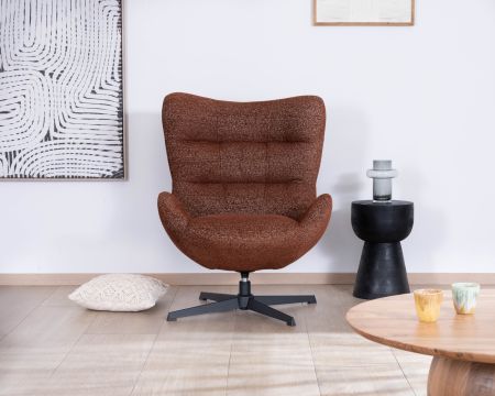 Poltrona girevole retro cocooning "Calista" in tessuto bouclette terracotta