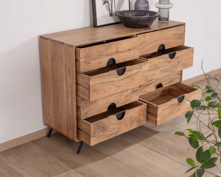 Cassettone retrò a 8 cassetti "Spot" in acacia naturale